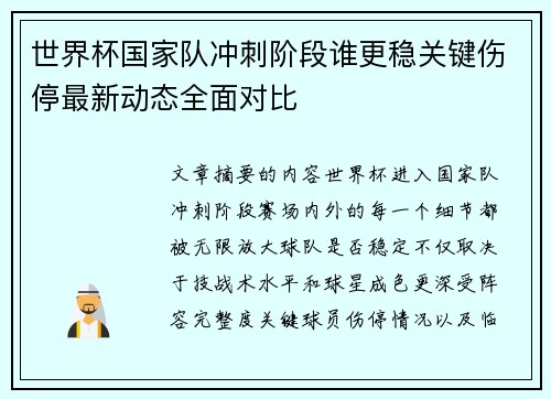 世界杯国家队冲刺阶段谁更稳关键伤停最新动态全面对比 世界杯国家队冲刺阶段谁更稳关键伤停最新动态全面对比